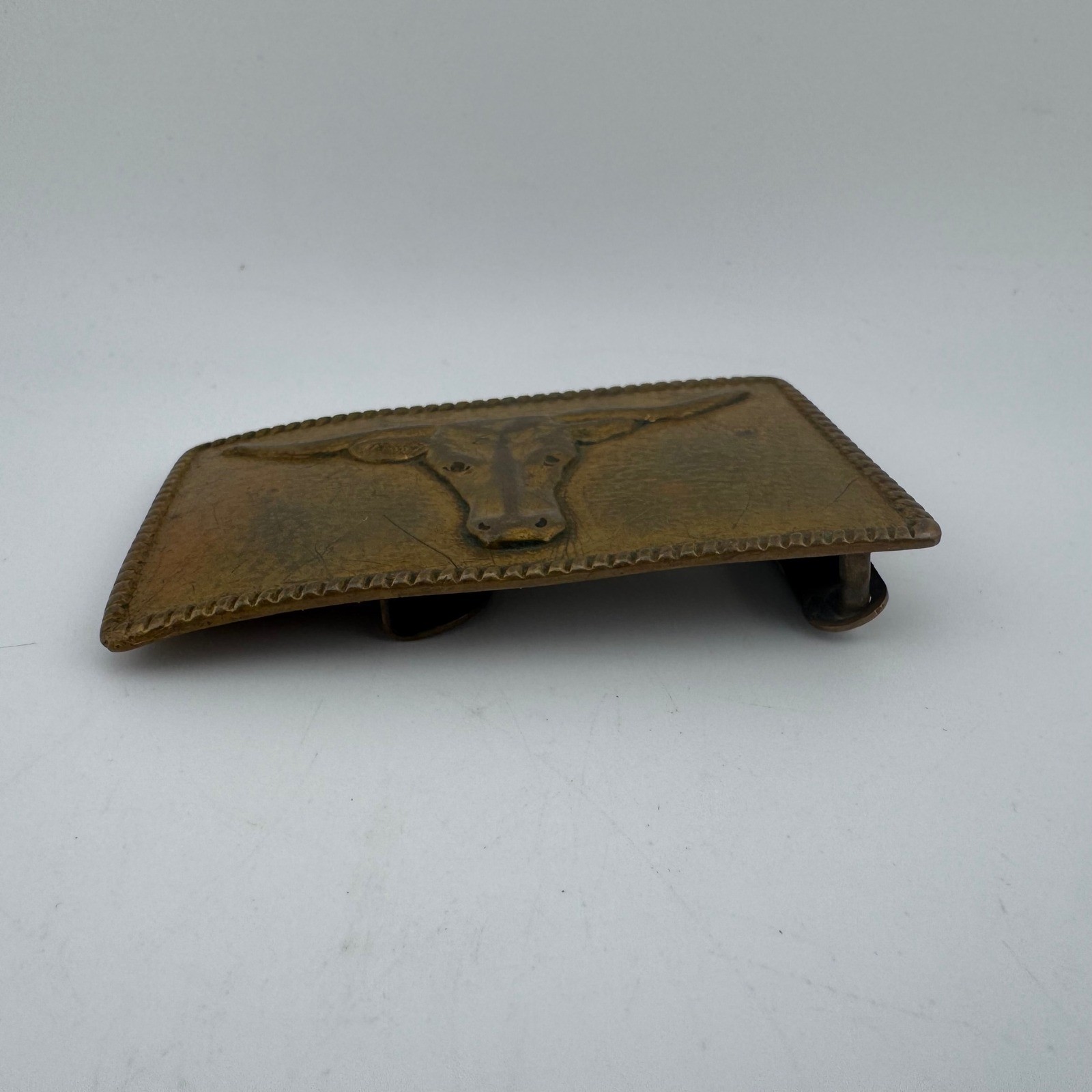 Vintage Megan Belt Buckle Brass/Gold Tone Western Longhorn Steer Rope Edge