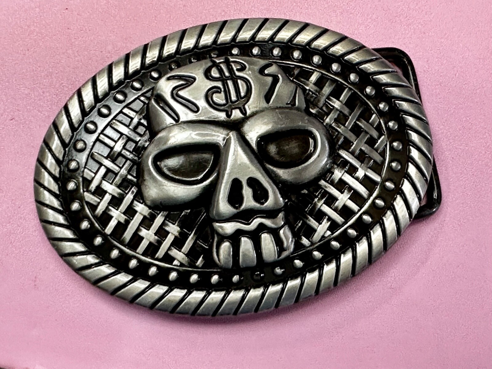 Skull With $ Dollar Sign Halloween Black & Silver Color Gothic Vibe Belt Buckle