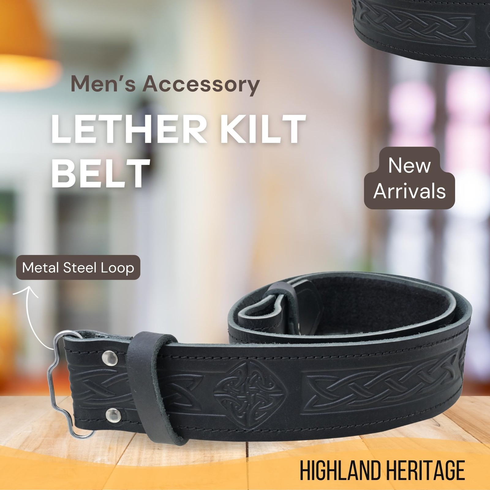 Kilt Belt and Buckle Set – Scottish Celtic Embossed Large – 38&Prime; to 42&Prime;, Black