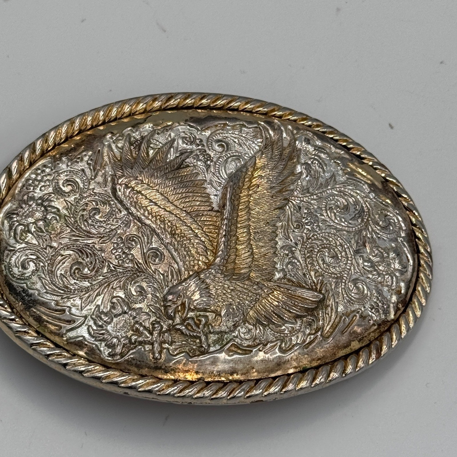 Ivan Western Eagle Belt Buckle Silver Gold Tone Floral Scrollwork Rope Border