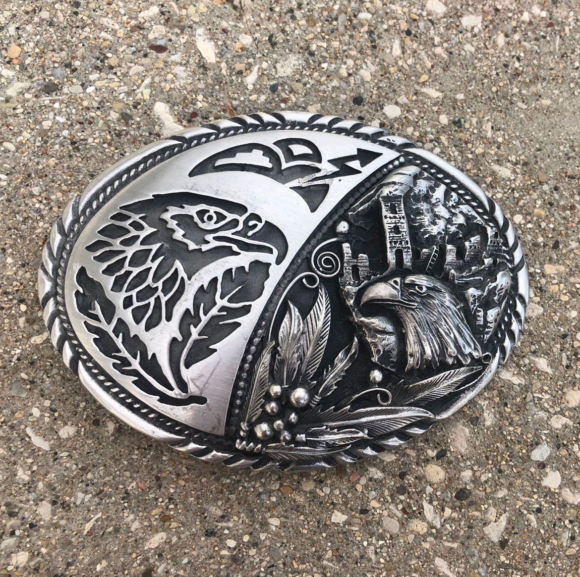 VTG SSI Handcrafted Metal Belt Buckle Southwest Eagle Rain Cloud Fathers 4&Prime; USA