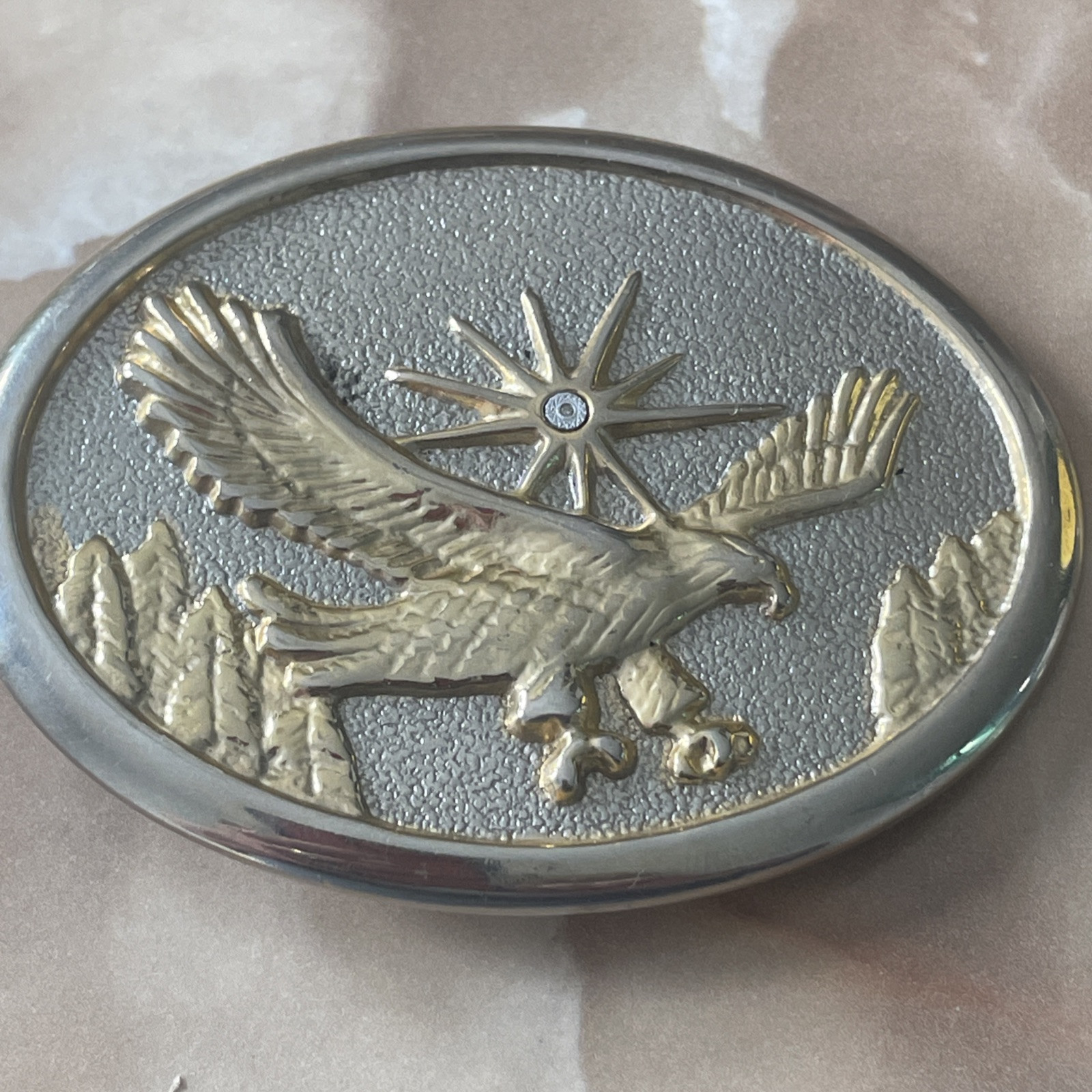 Vintage 70s 80s Western Gold & Silver Tone Flying Eagle Oval Belt Buckle