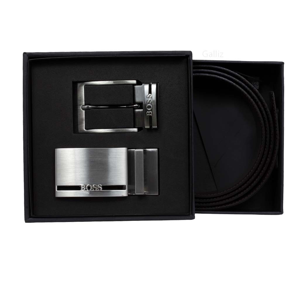 BOSS Men&rsquo;s Belt Reversible Belt 2 Buckles in Gift Box Self Shortening Reversible