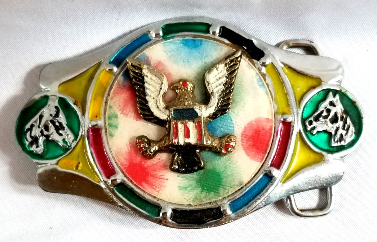 VTG 1970s Imperial Hebillas Belt Buckle w Western American Eagle Flag 2&Prime; Belt