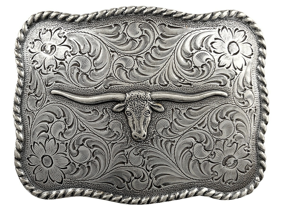 Longhorn Steer Trophy Sterling Silver Plated Western Belt Buckle