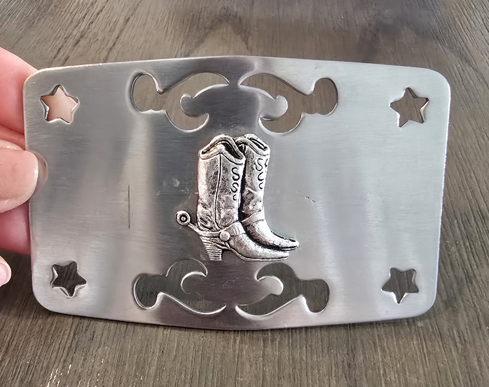 Vintage Silver Tone Cowboy Boots Spurs Belt Buckle With Cutout Pattern & Stars