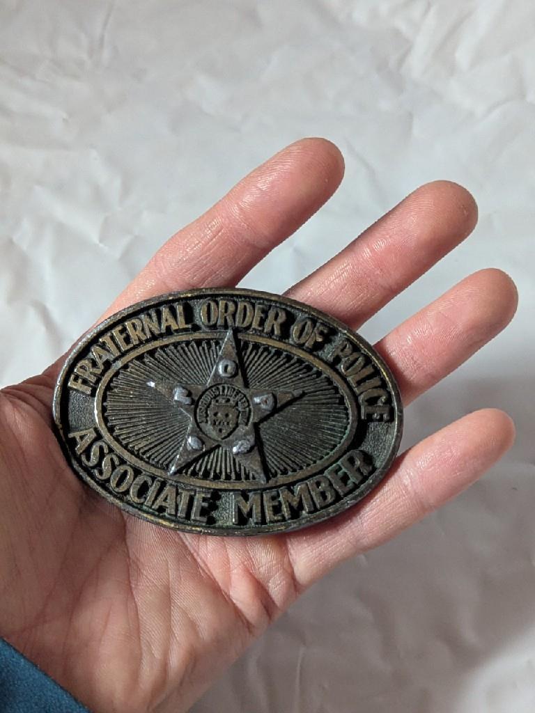vintage 1970s fraternal order of police WESTERN belt buckle SOLID BRASS cownboy