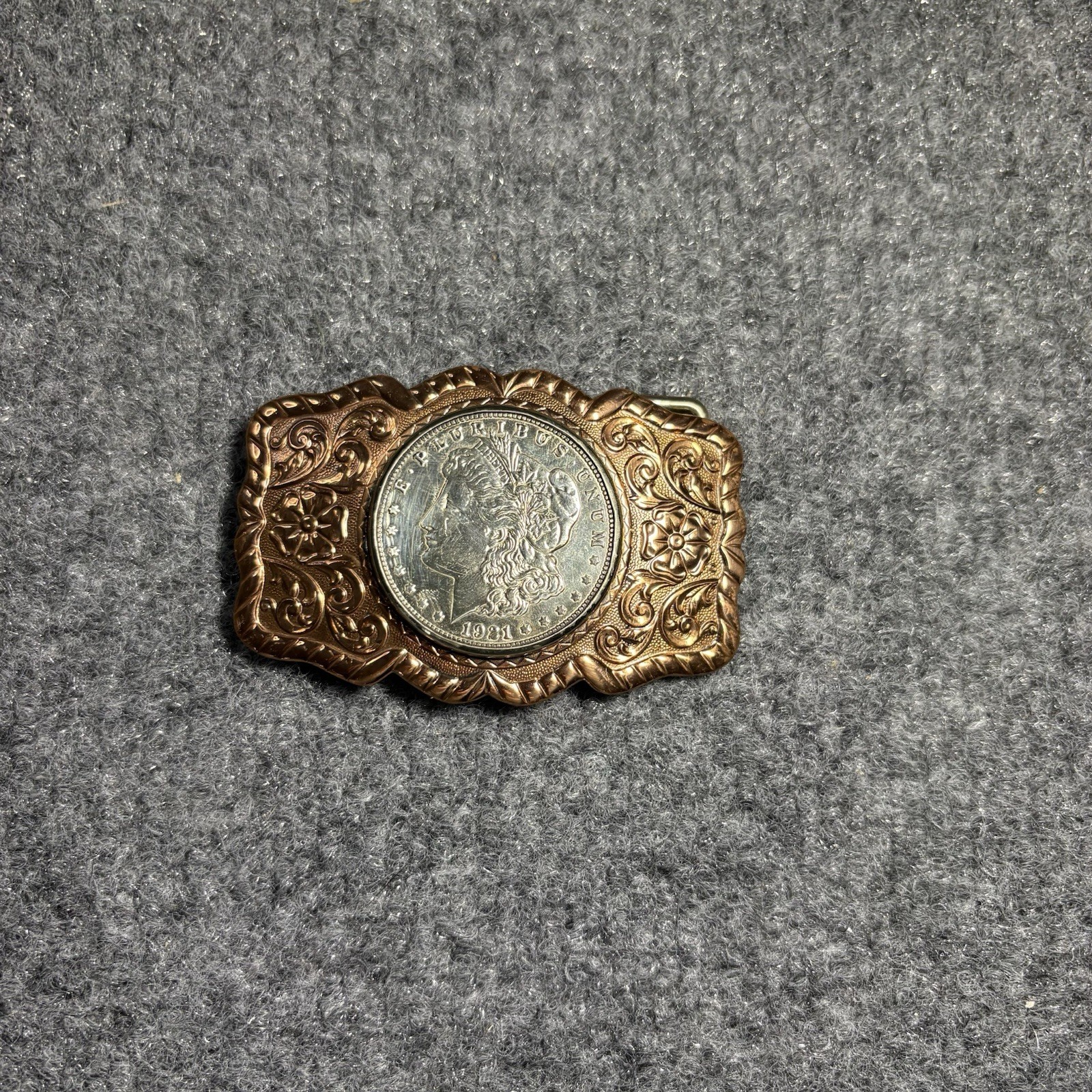 Antique 1921 Silver Morgan Dollar Coin Buckle Solid Copper Nickel Silver