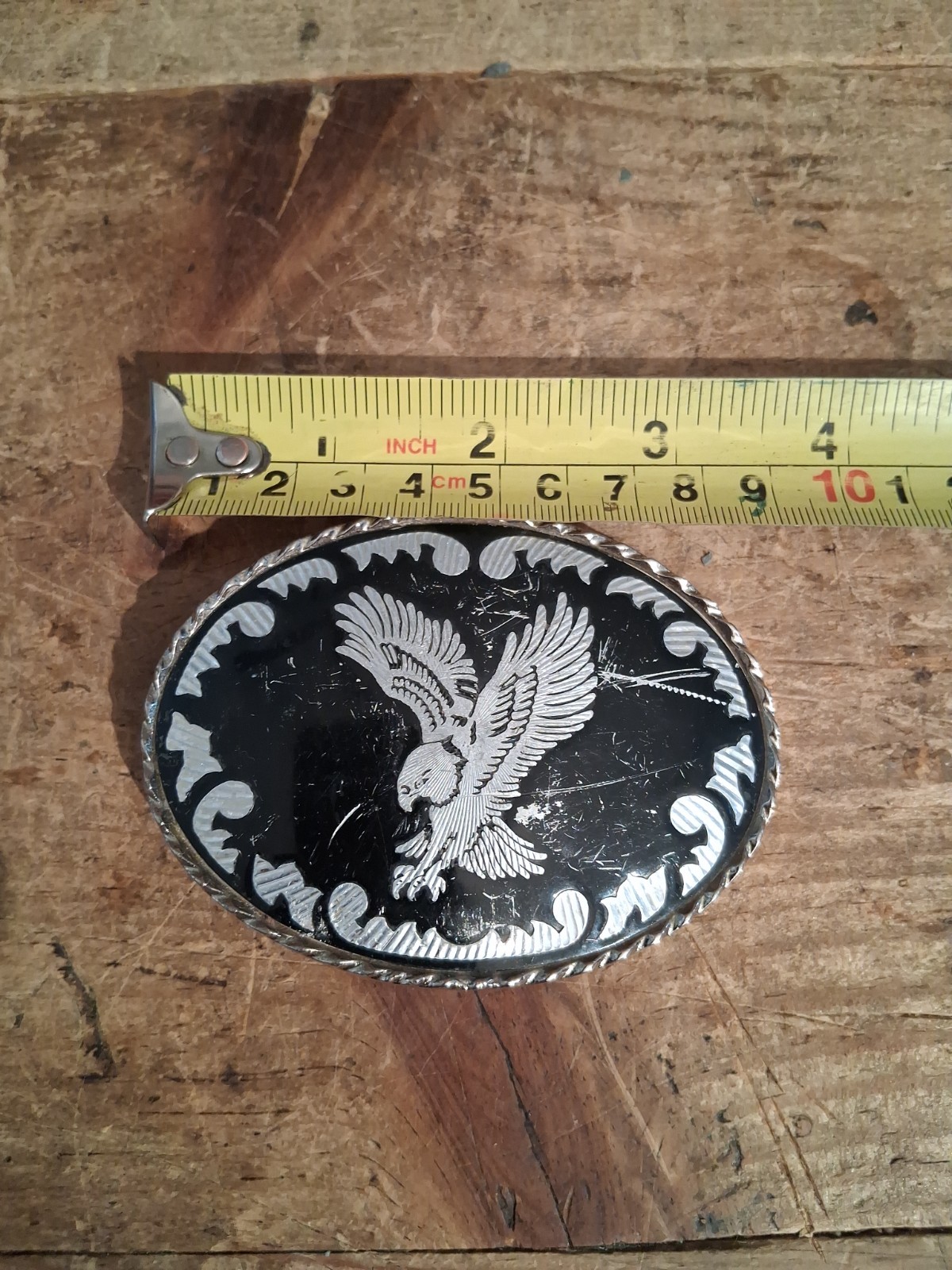 Vintage Eagle Belt Buckle Black Silver Tone Oval Rockmount