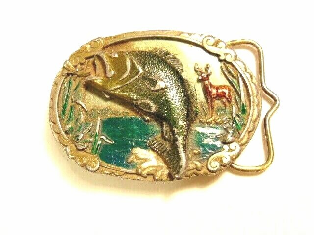 heavy older enameled buckle showing a leaping fish; CJ Inc., 1986, Made in USA