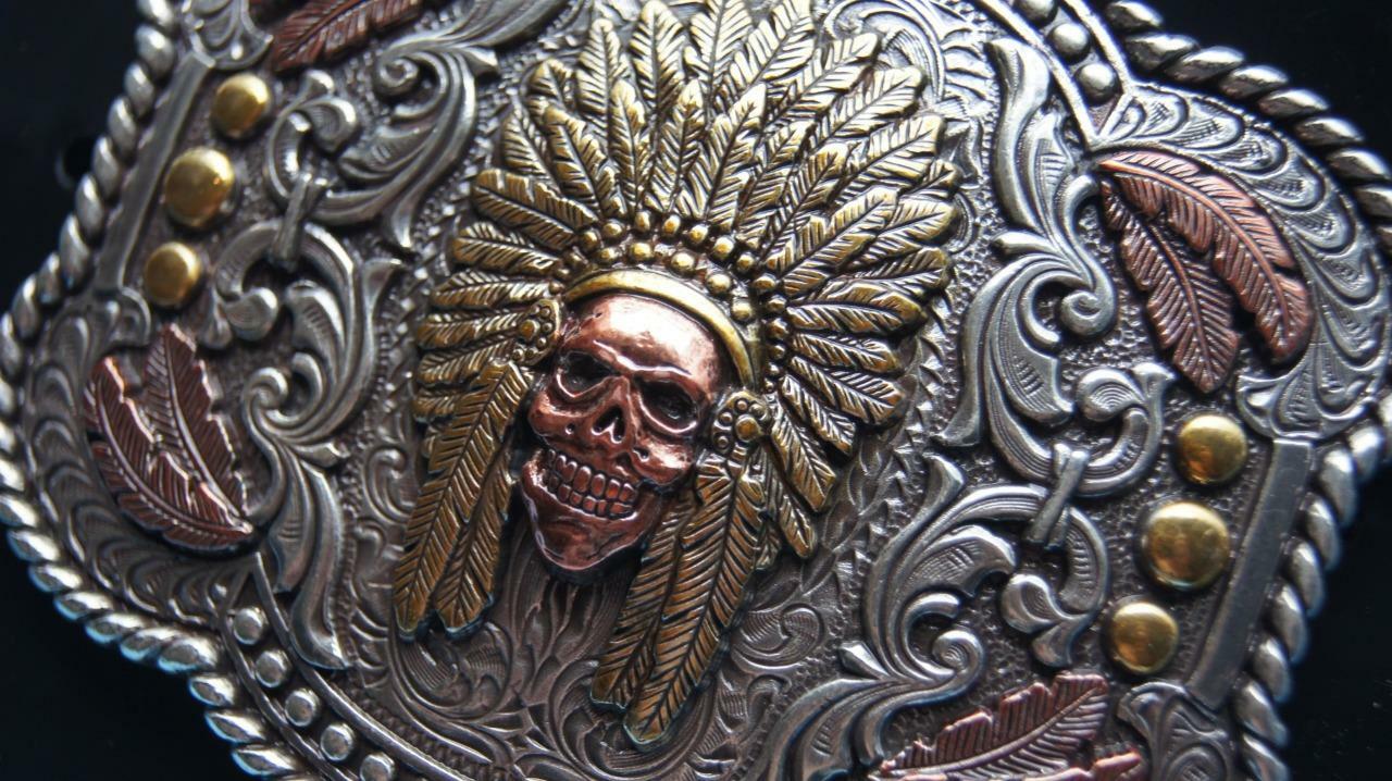 Nocona Western Buckle Indian Chief Feather Skull Silver 37600