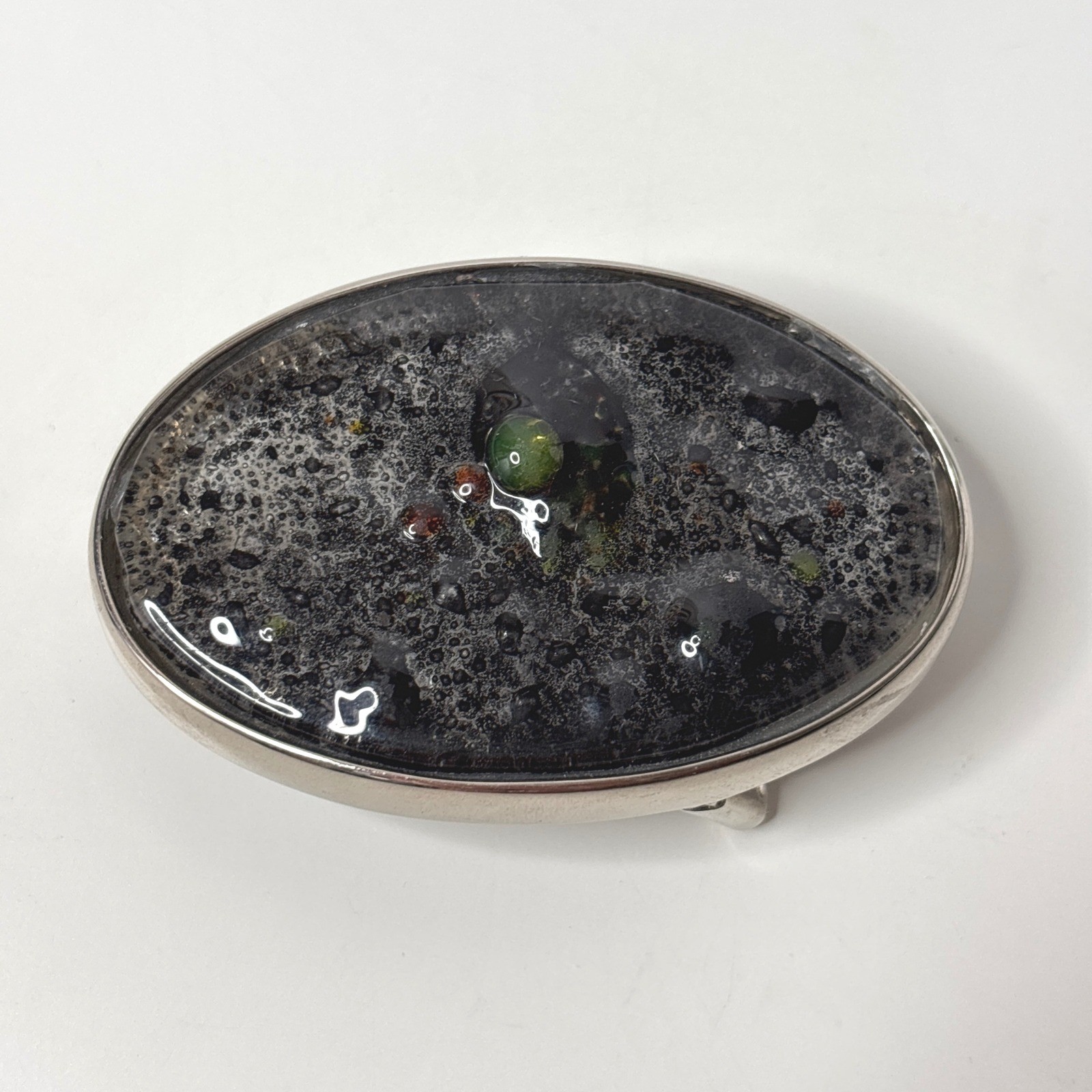Oval Belt Buckle Resin Black Gray Green Stone Accents Mens Silver Tone Art Boho