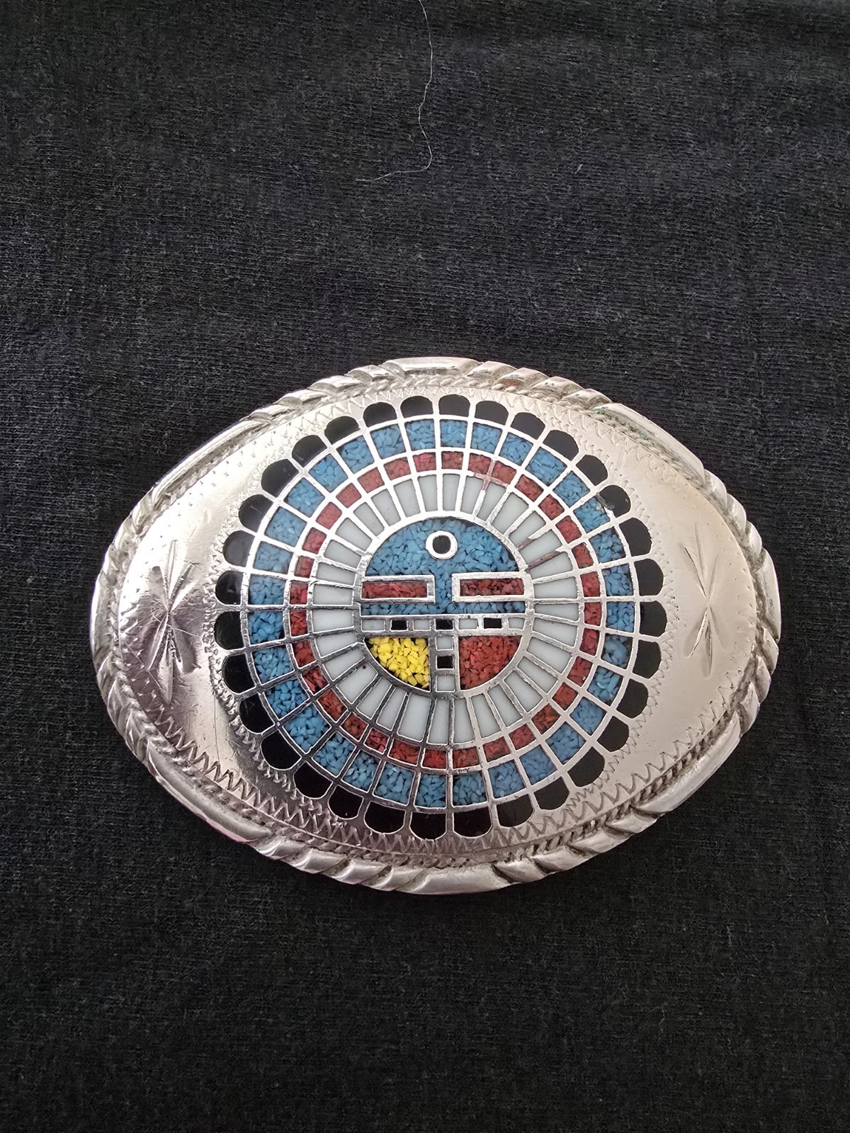 Hand Made S.S.I. Belt Buckle Inlayed Gemstones Southwestern Mosaic design