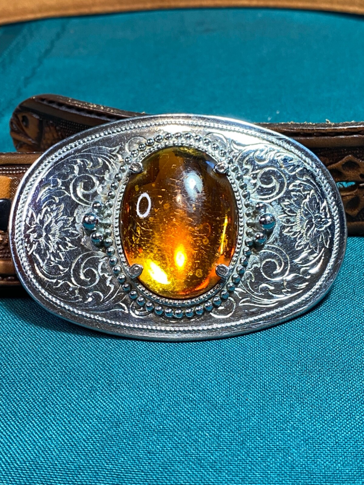 Tex Tan Full Grain Cowhide Belt Size 36 Tool Silver Buckle Polished Amber Stone