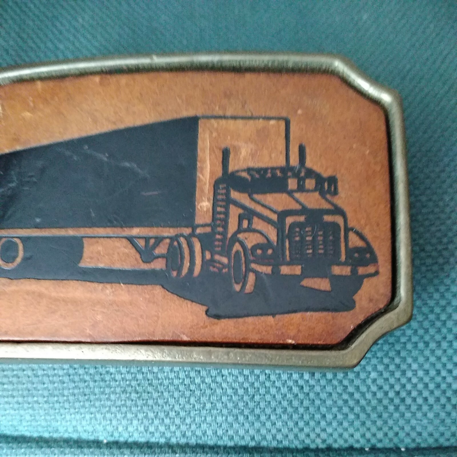 Vintage BTS Solid Cast Brass Tooled Leather Semi Truck Belt Buckle Tan Black
