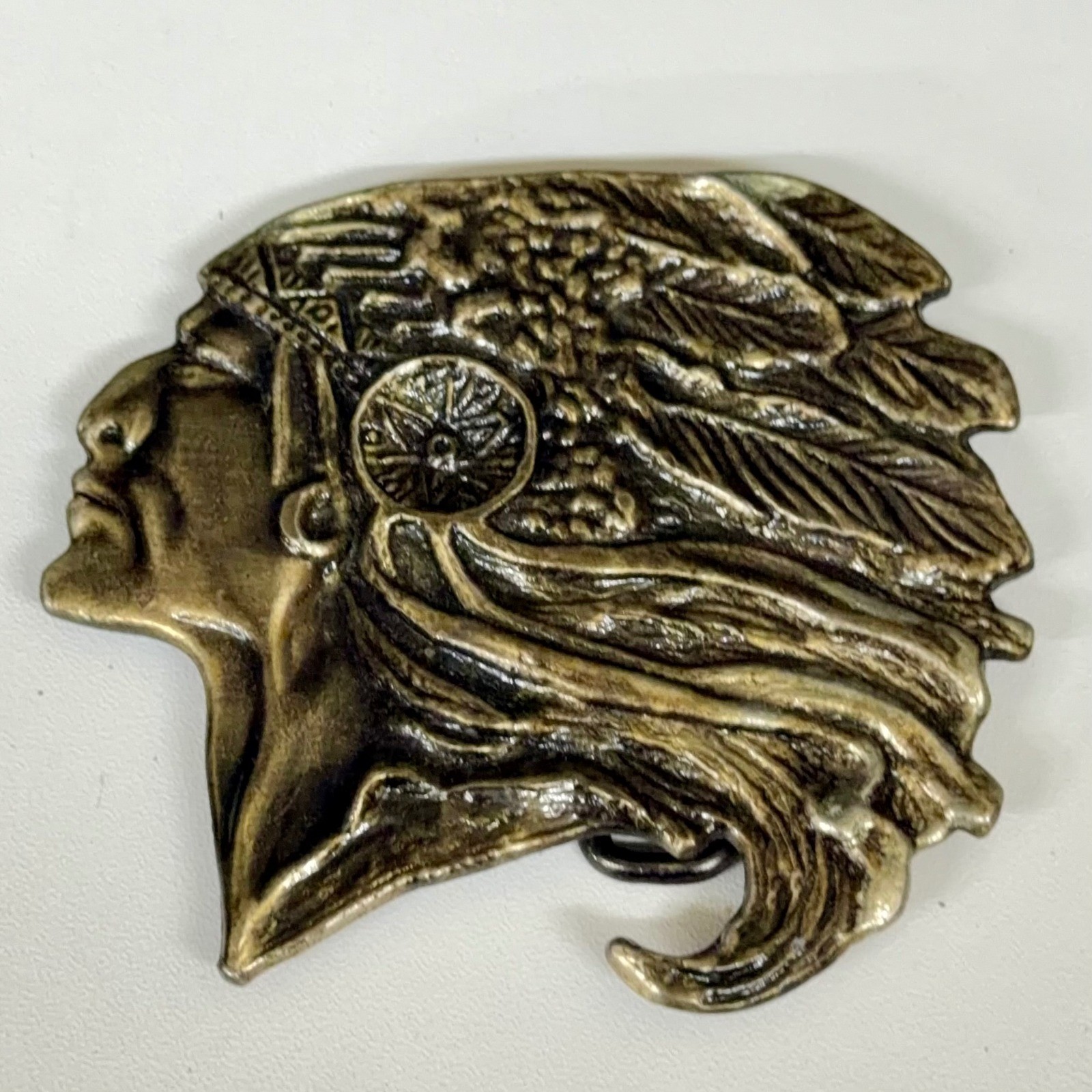 Vintage Native American Chief Headdress Belt Buckle Brass Tone Western Boho