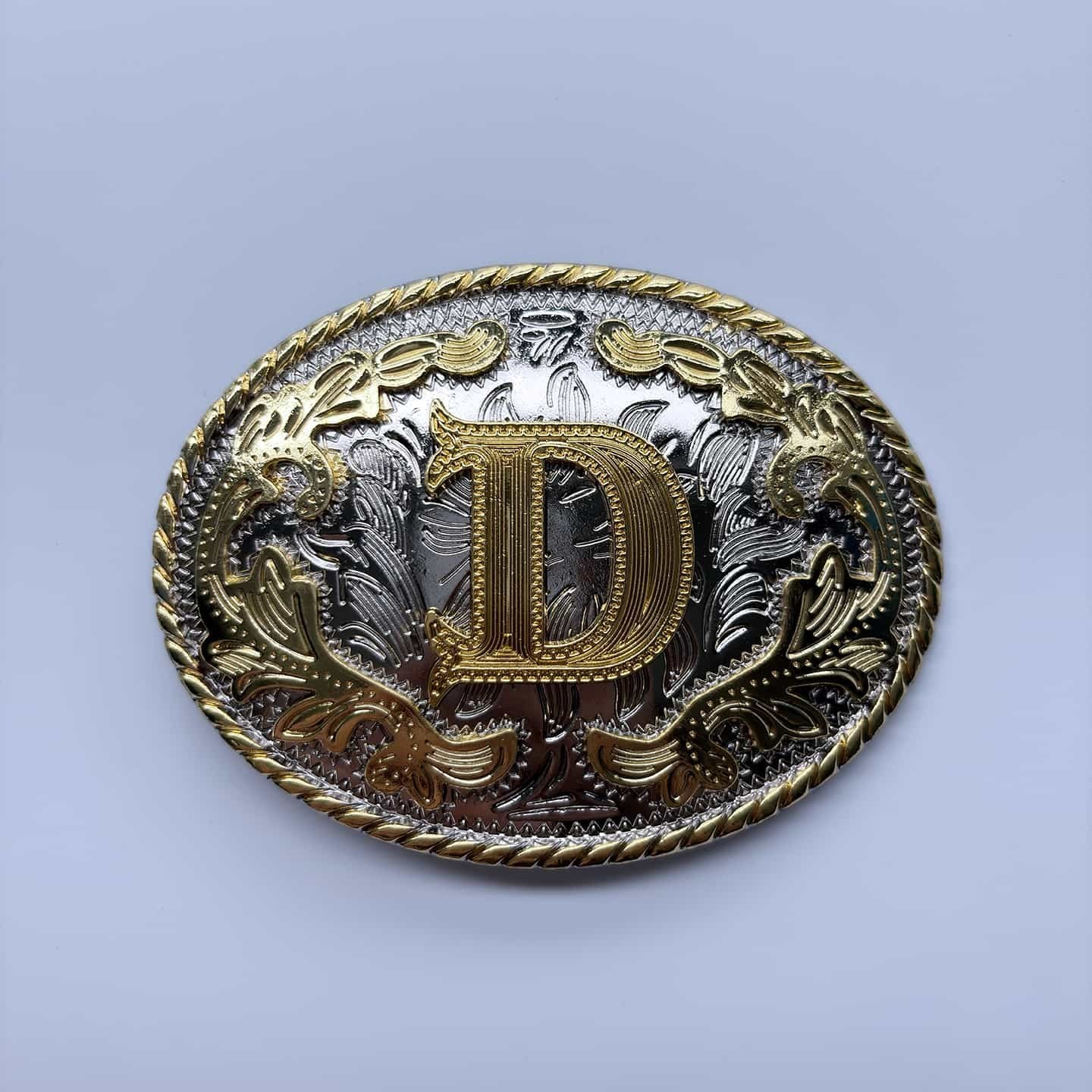 Bright Silver With Gold Initial Letter A-Z Cowboy Cowgirl Oval Belt Buckle