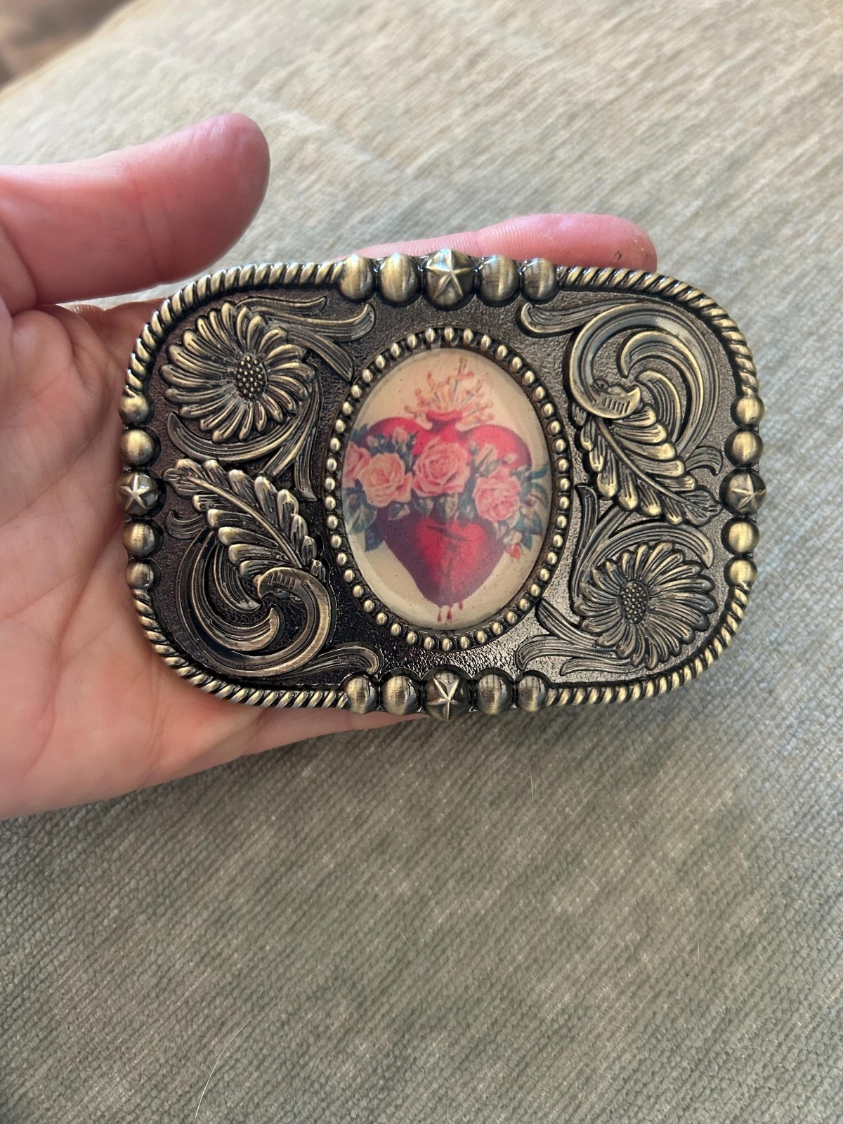 Heart and Roses Belt Buckle Valentines Western Mexican Sacred Sagrada Art