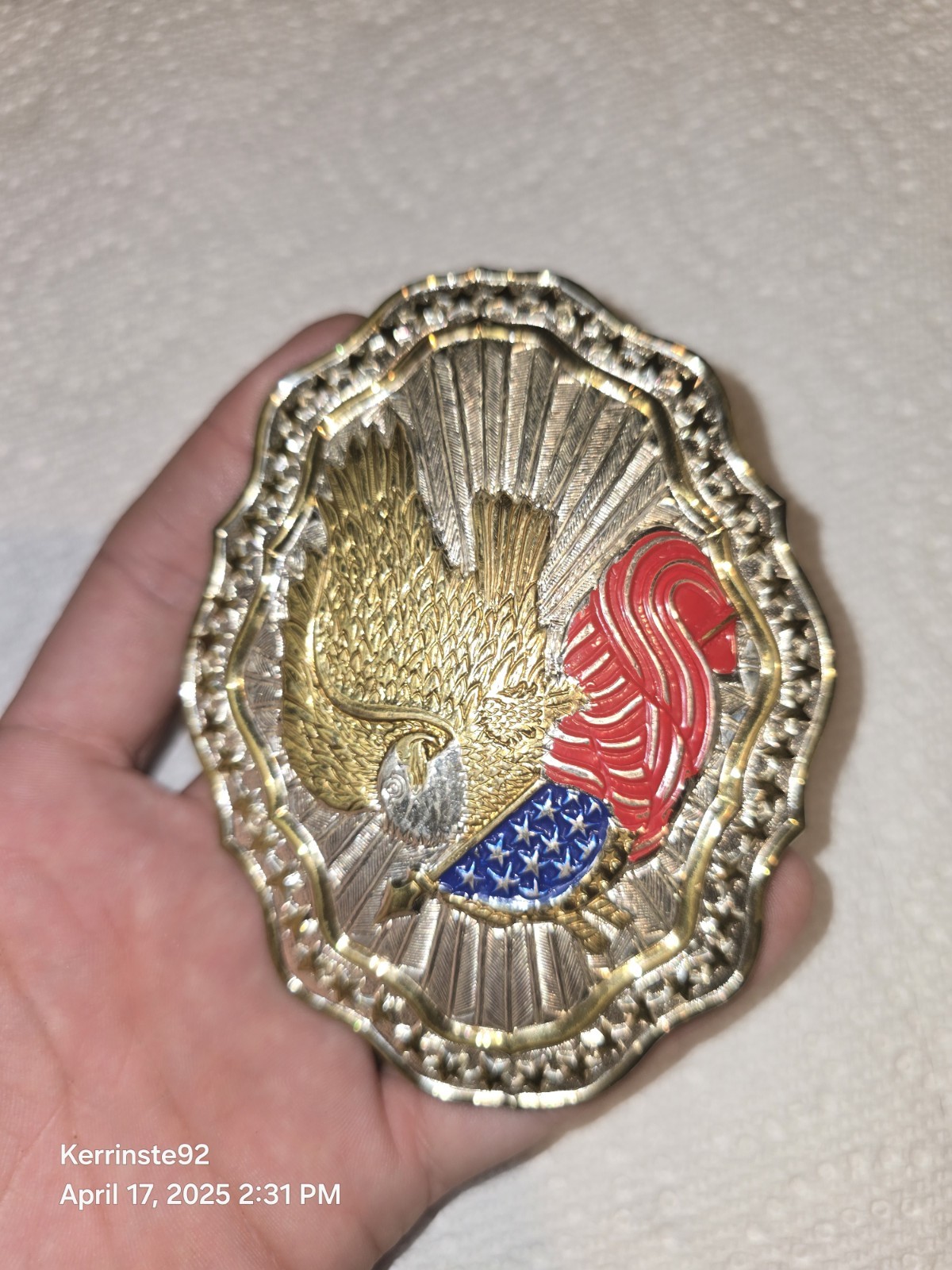 VTG Crumrine American Eagle Flag Belt Buckle Heavy Silver Plate/Bronze USA Shiny