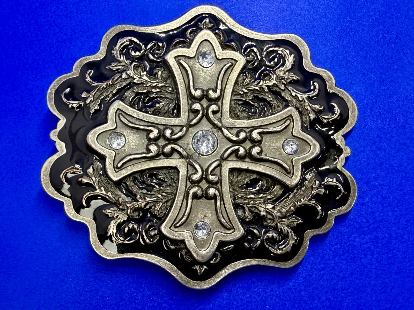 Iron Cross with Rhinestone Religious Gothic Punk Black Silver Color Belt Buckle