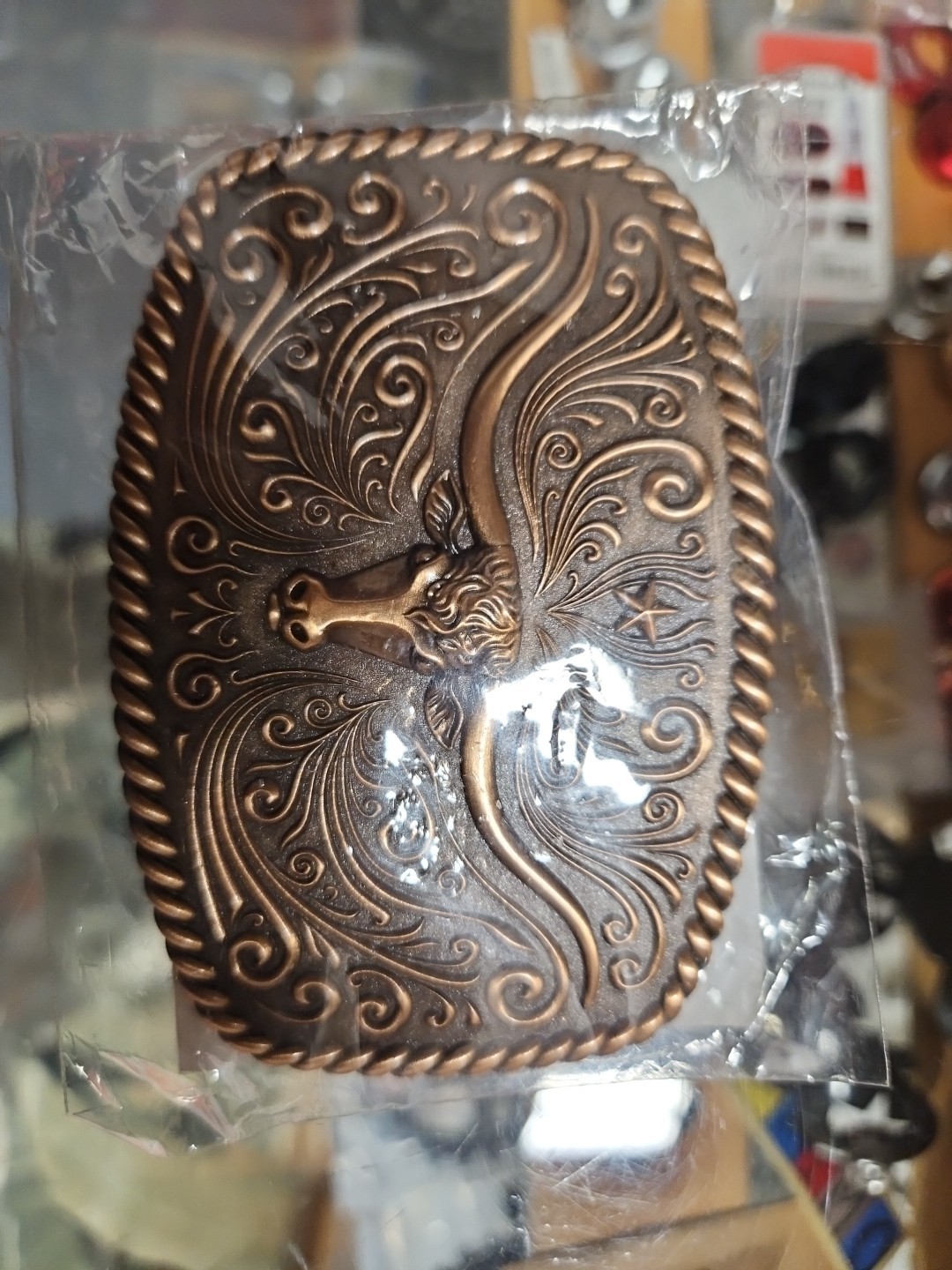 Country Western Mens Belt Buckle Longhorn Cowboy Antique Copper 4&Prime; x 2-5/8&Prime; New