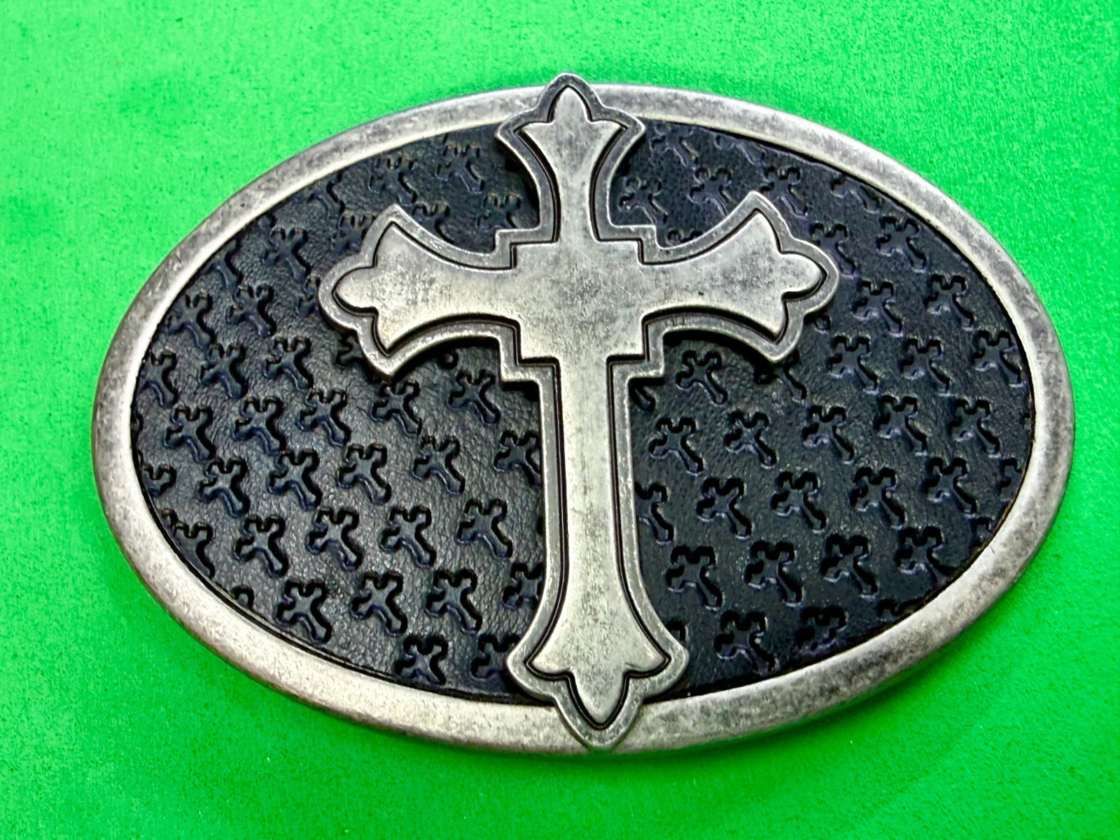 Centered Iron Cross Religious Gothic Punk Vibe Faux Leather on Metal Belt Buckle
