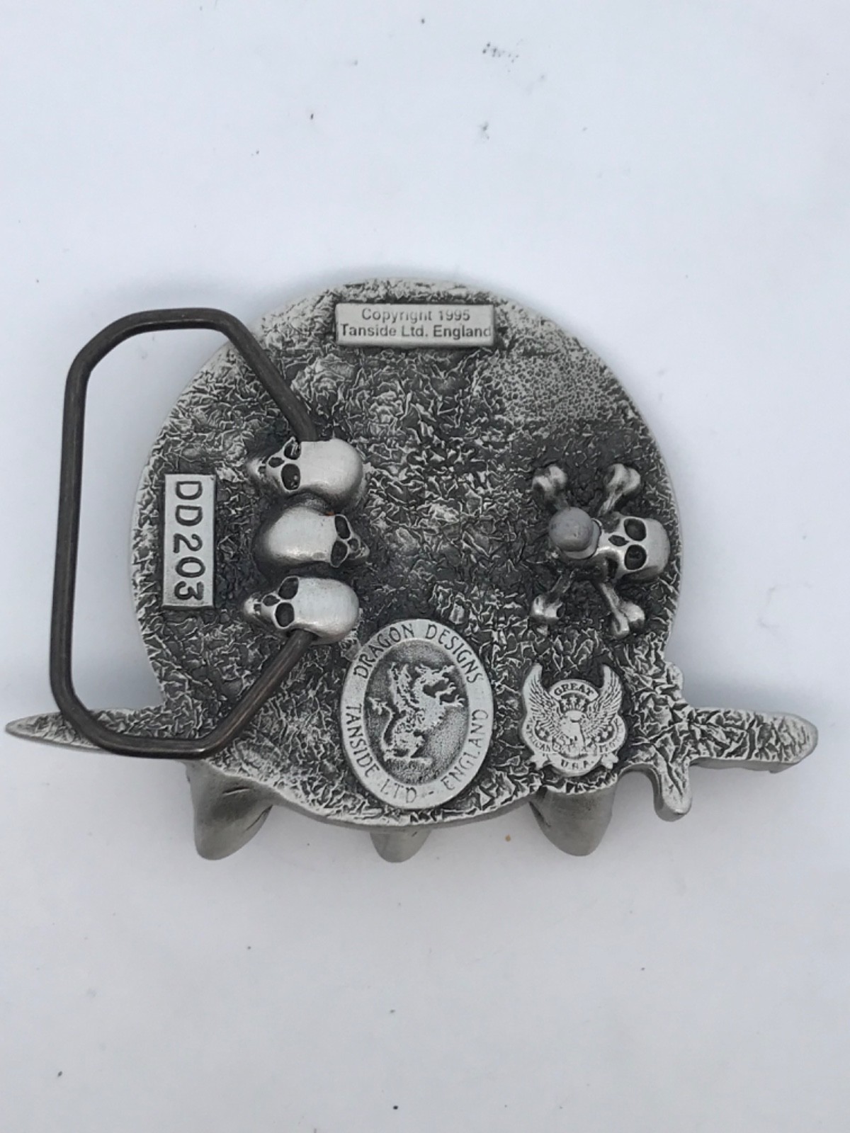 1995 Tanside Ltd Silver Tone Enamel Skull Dagger Maltese Cross Biker Belt Buckle