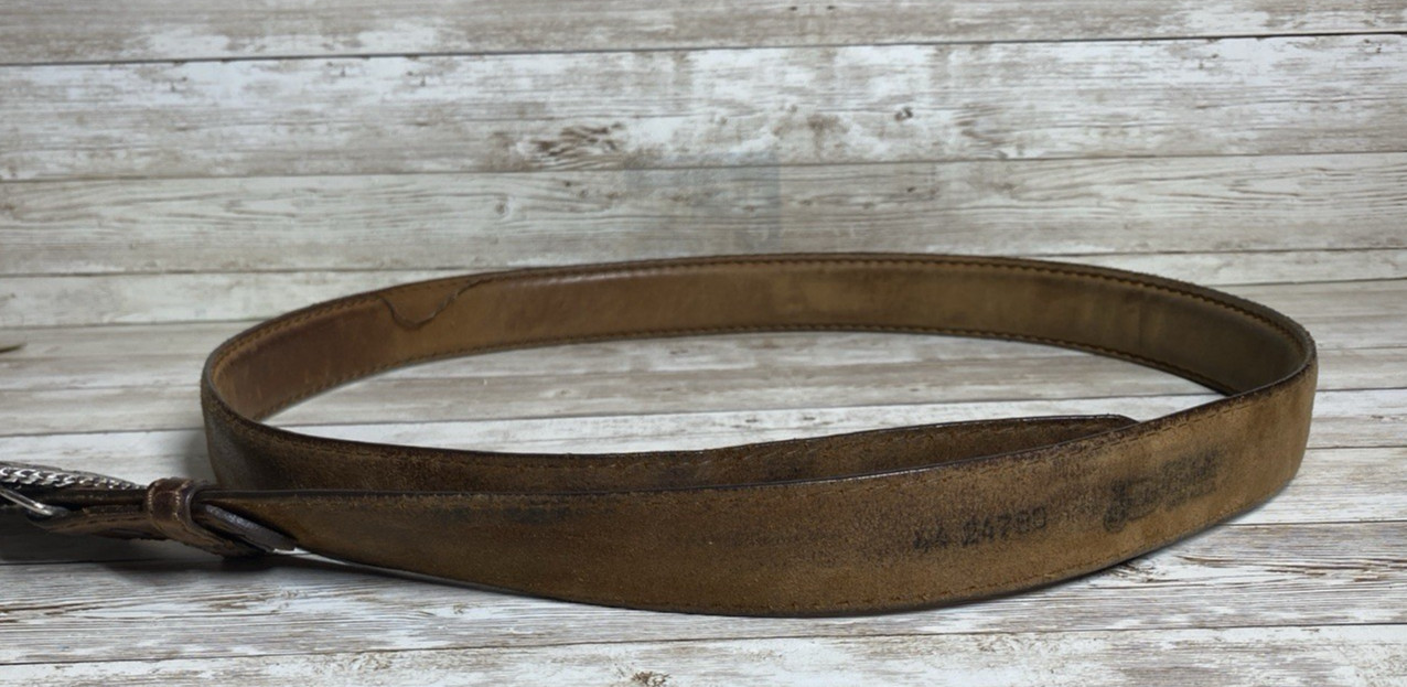 Justin Belt Mens Brown Leather Silver Tone Buckle Floral Scroll Western Cowboy