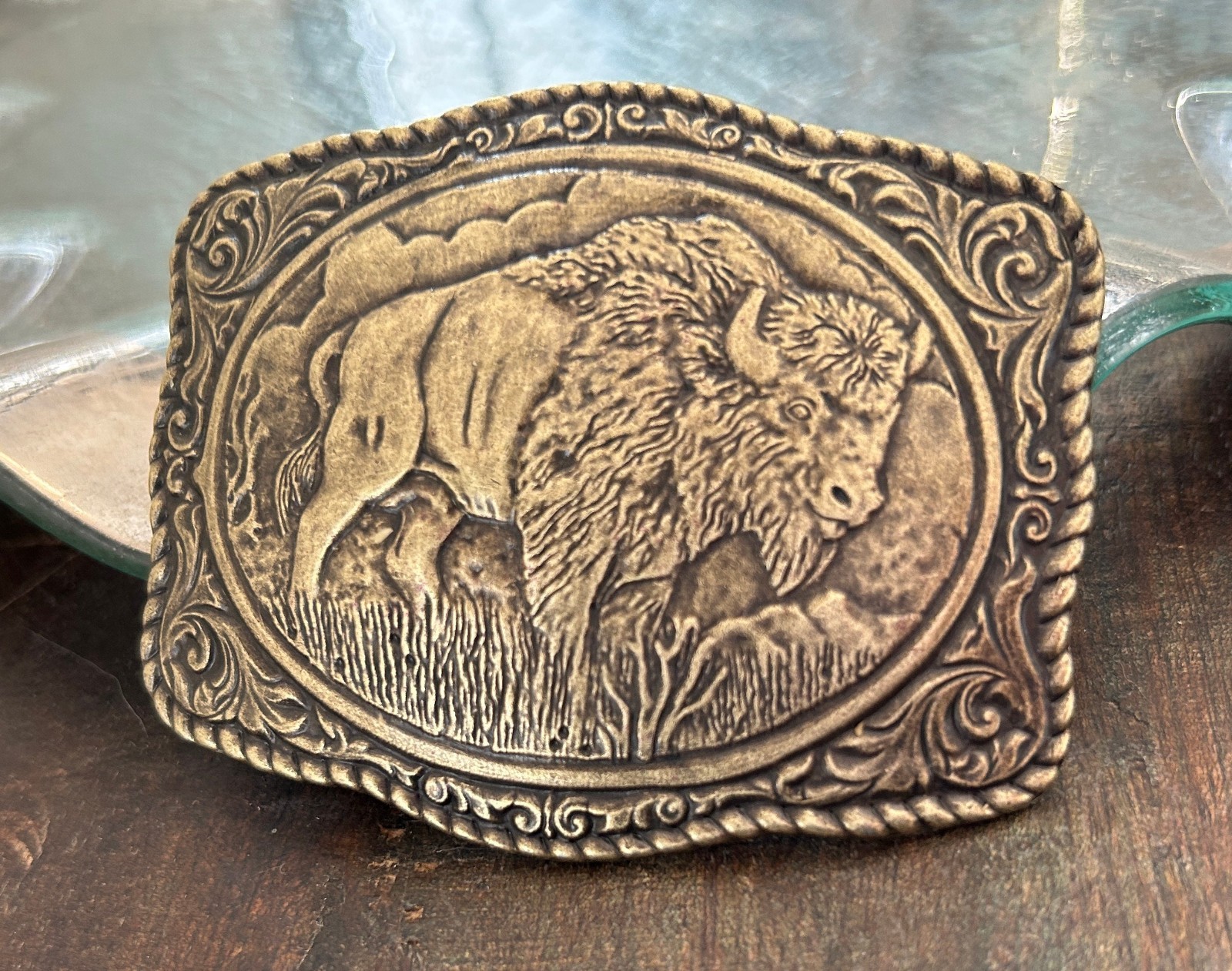 Brass Engraved Buffalo Belt Buckle Southwestern Cowboy Western Rodeo Style