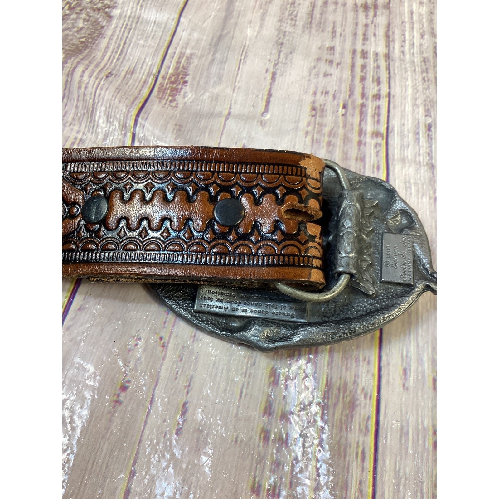 Vintage 1983 Siskiyou Square Dancing Belt Buckle with Tooled Leather Belt Brown