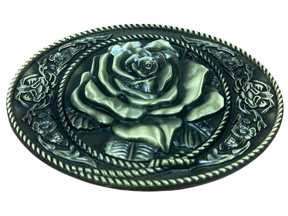 Rose Flower Western Oval Bronze Plated Belt Buckle