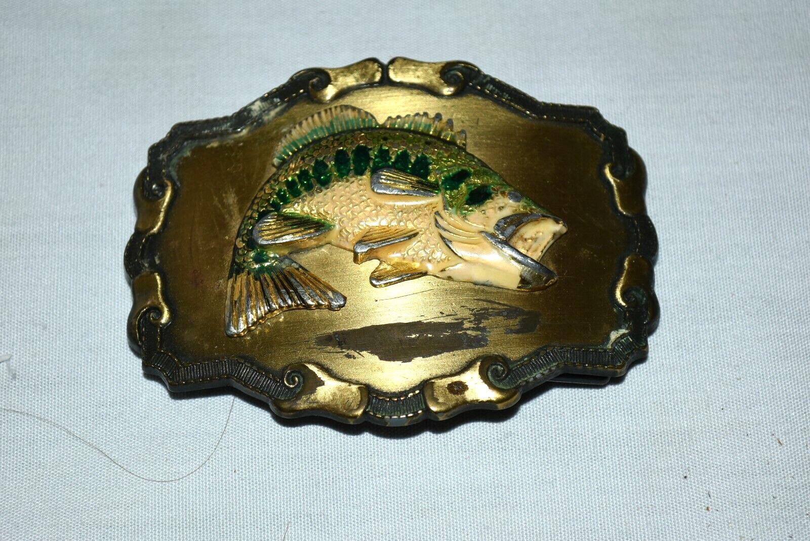 Vintage SOLID Metal RAIN TREE FISHING Colorful BASS BELT BUCKLE EUC