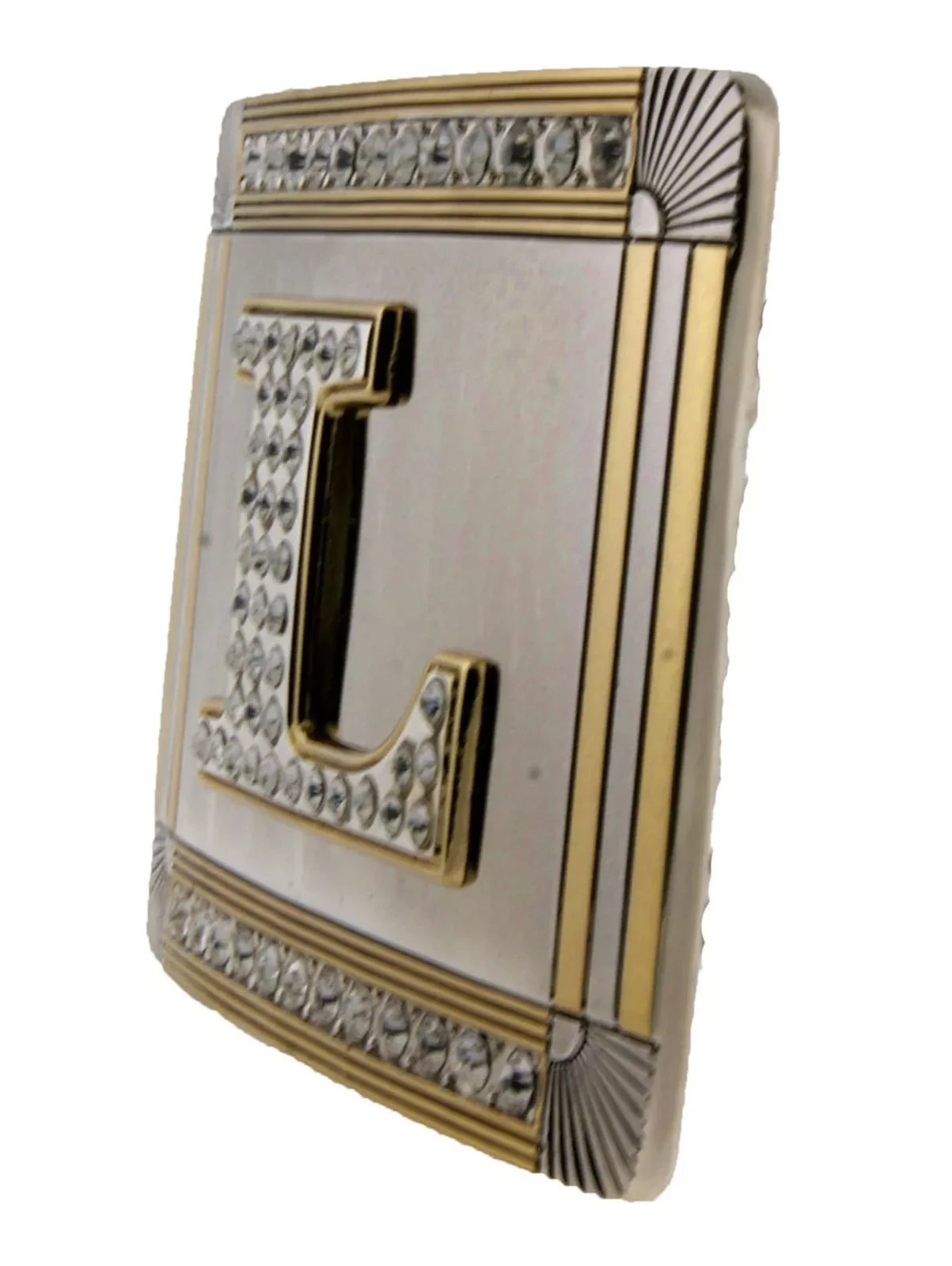 Initial L Letter Belt Buckle Bling Rhinestones Men Gold Metal Western Fashion