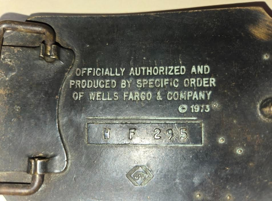 Vintage 1973 Brass Wells Fargo & Co. Belt Buckle W F 295 3.5&Prime; x 2.5&Prime;