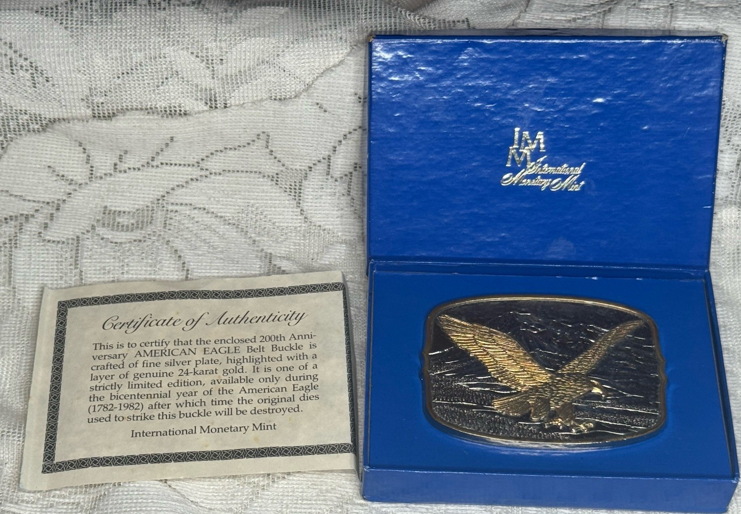 AMERICAN EAGLE BELT BUCKLE Layer 24K Gold by INTERNATIONAL MONETARY MINT NEW COA