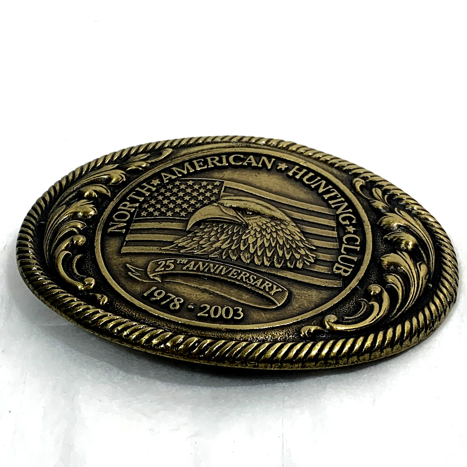 North American Hunting Club Brass Belt Buckle 25th Ann 1978-2003 Oval Eagle Flag