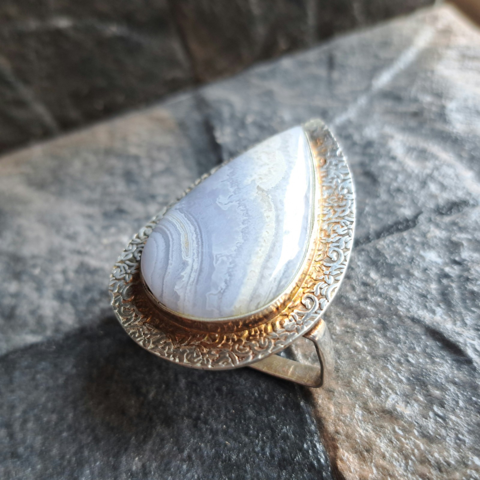 Blue Lace Agate Teardrop Silver Plated Belt Buckle Soft Lavender Banded Unisex