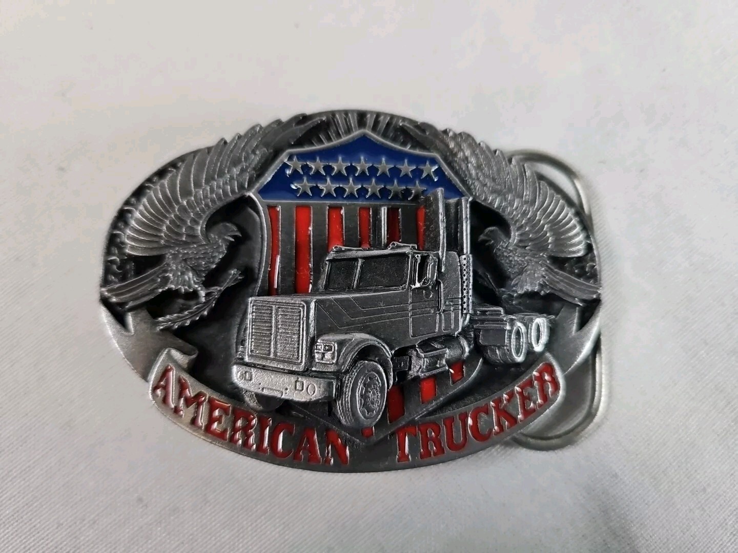 Vintage American Trucker 1998 Pewter Belt Buckle Siskiyou Painted Enamel Semi