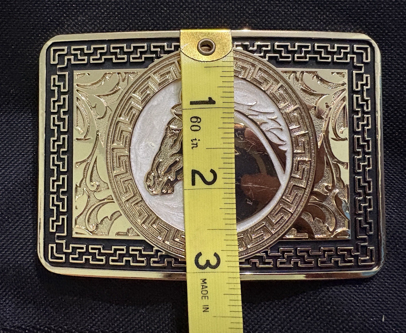 Western Horse Head Greek Key Engraved Belt Buckle Gold/Silver Metal 1.5in