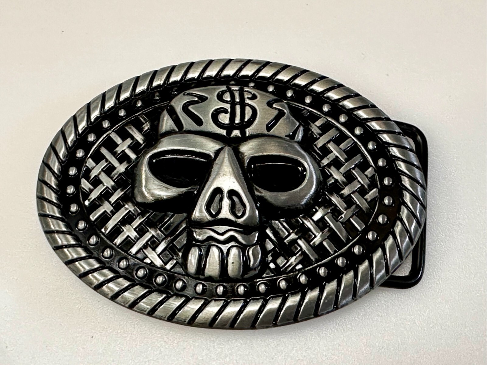 Skull Head $ Dollar Sign Black Silver Color Money Bags NOS Belt Buckle