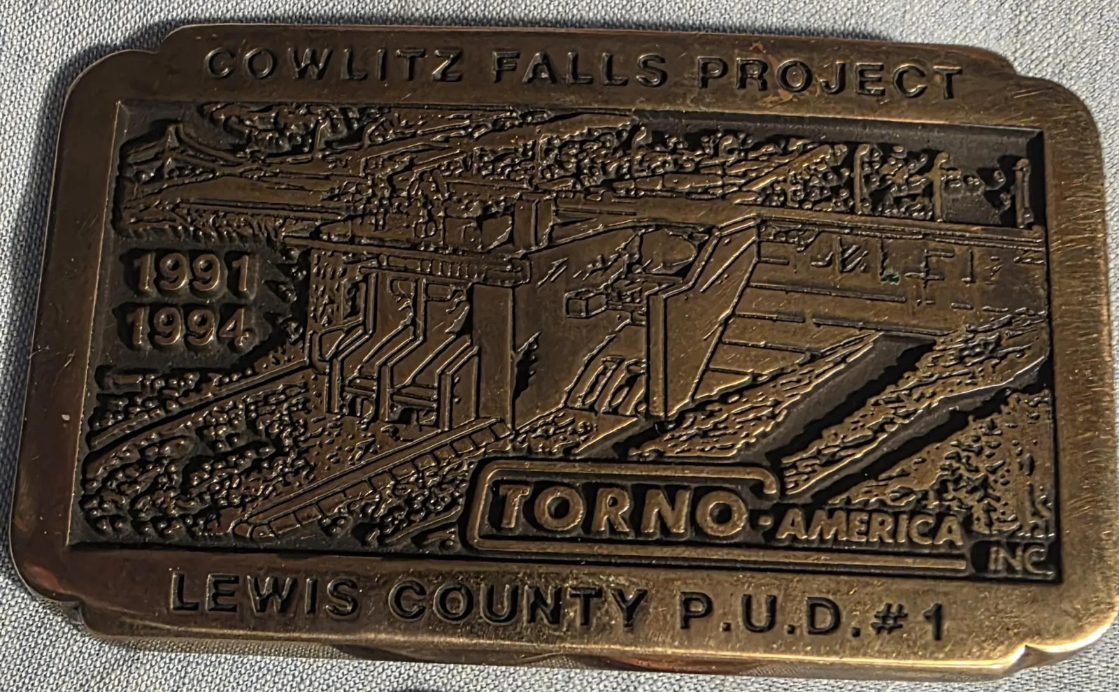 Vintage 1992 Metal Belt Buckle, Brass, Cowlitz Falls Project, Torno, Lewis Count