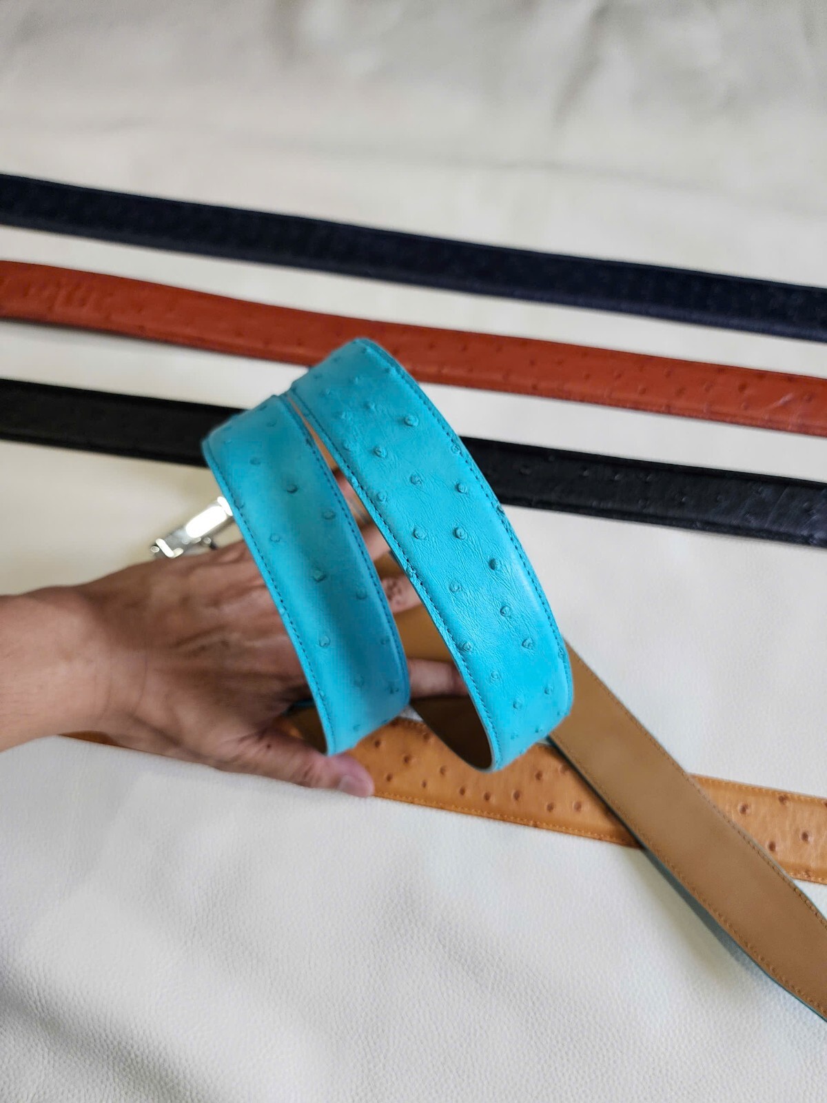 3.8CM Turquoise 100% Genuine Body Ostrich Leather Skin Mens Belt Buckle-Handmade