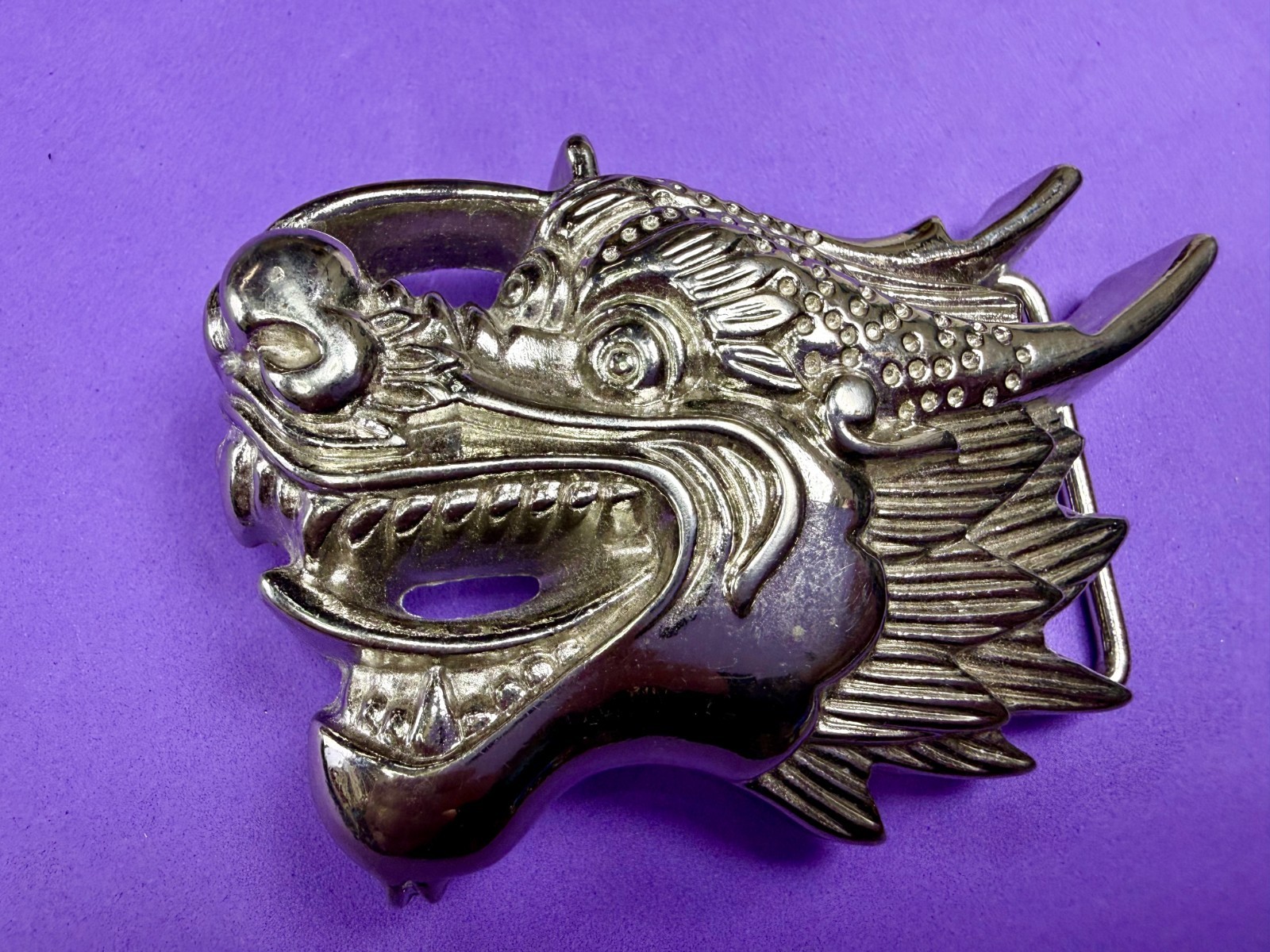 Mystical Asian Chinese Dragon Head Figural Cutout Silver Color Belt Buckle
