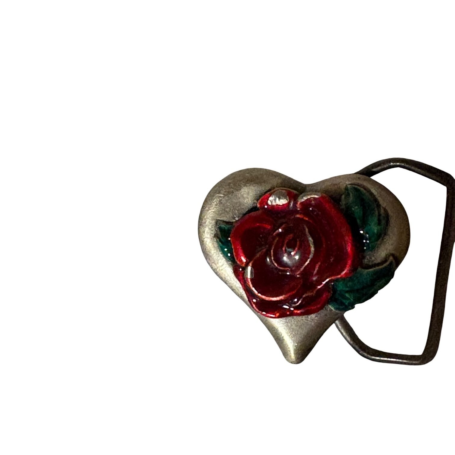 Vintage Heart Rose Belt Buckle Silver Tone Red Green Enamel Made in USA 1983