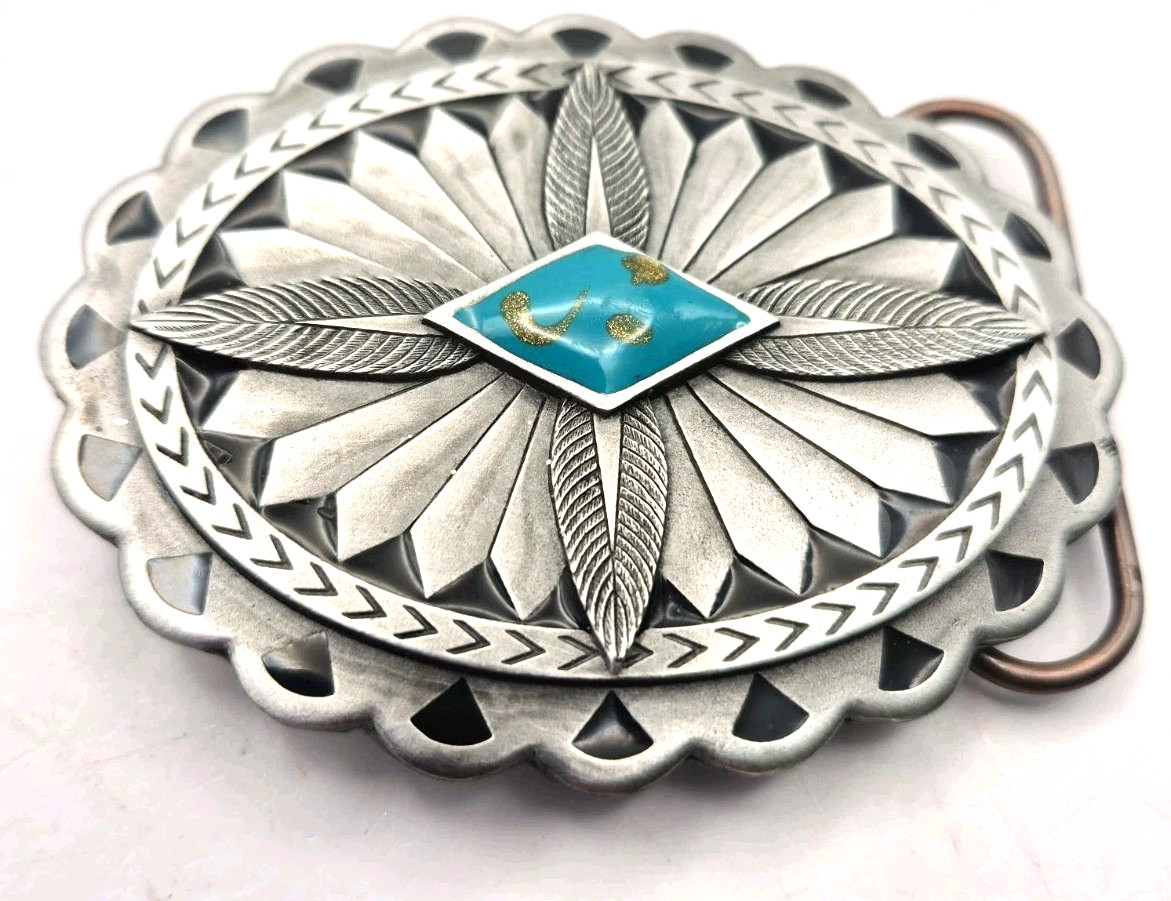 Vintage Siskiyou Pewter Belt Buckle 2.5&Prime; Southwestern Made In USA Stone Center