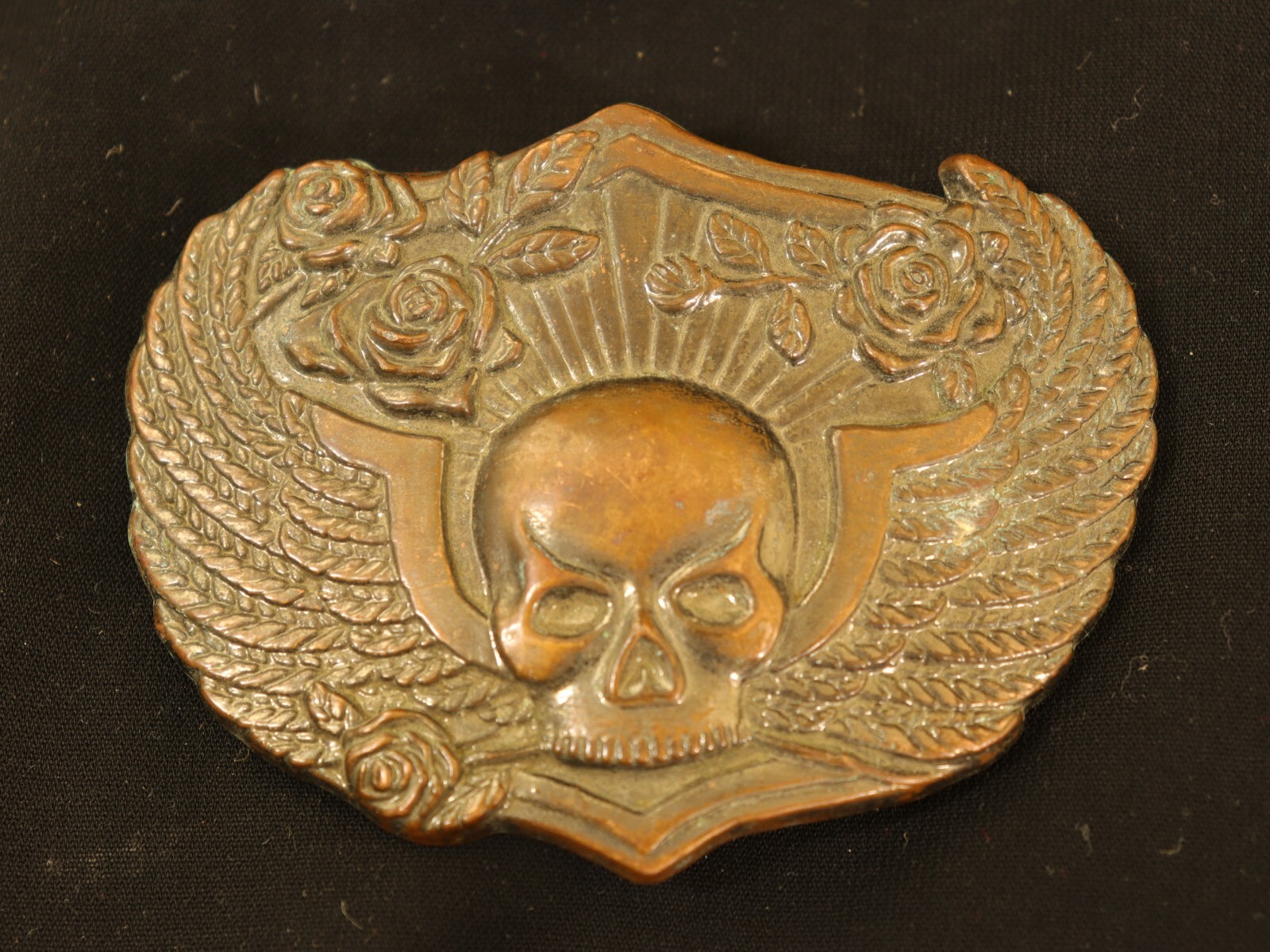 Winged Head Skull Pewter Belt Buckle Vintage Brass Flying Skull With Roses, USA