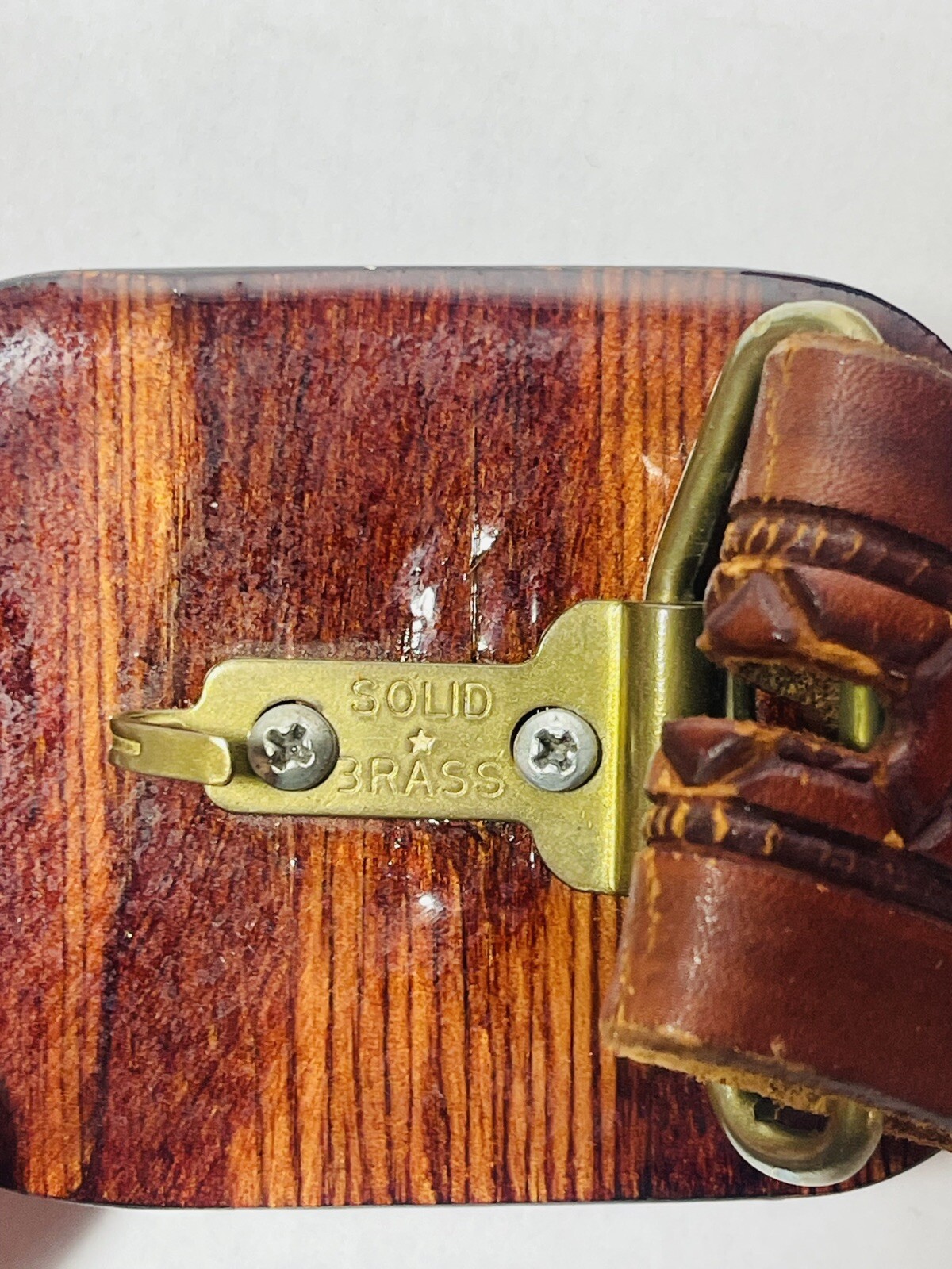 Vintage Wood and Stone Polished Acrylic Belt Buckle and Leather Belt Brass