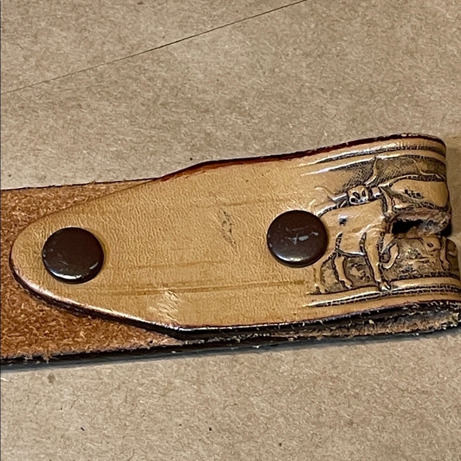 Tex Tan vintage USA made brown Leather Western Tooled buckle belt. 26
