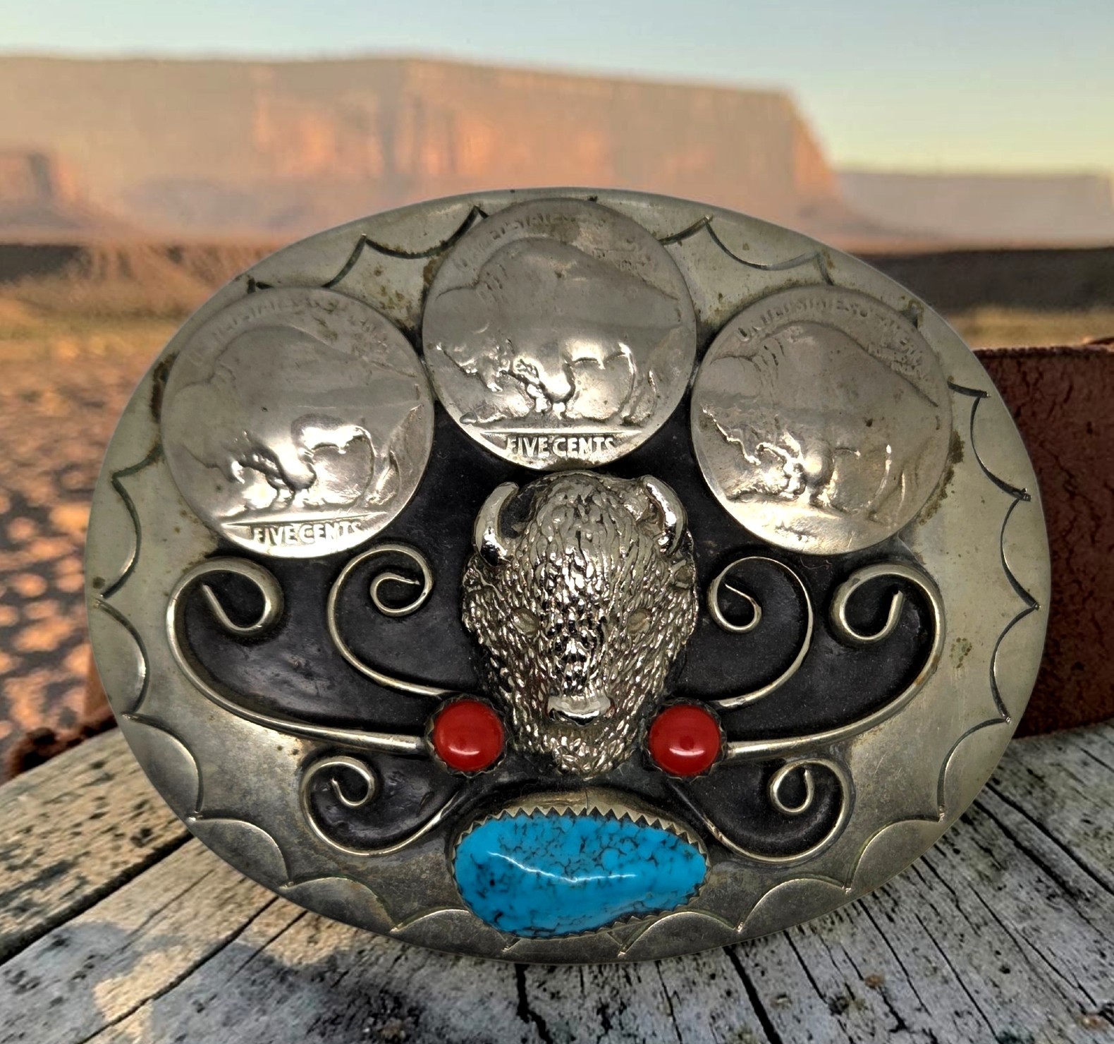 Vintage Buffalo Nickel Belt Buckle Turquoise Coral Southwestern Western Silver