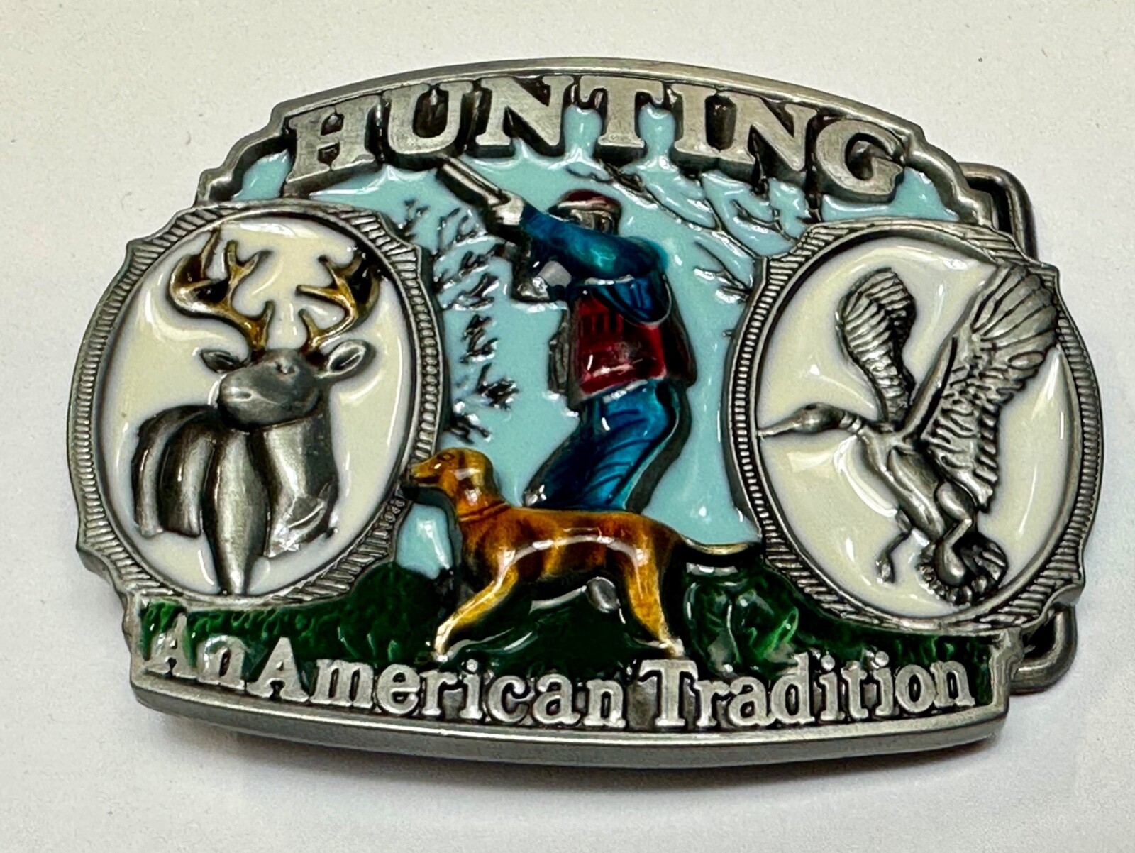 Hunting An American Tradition Vintage Belt Buckle Deer Duck Dog Colorful USA